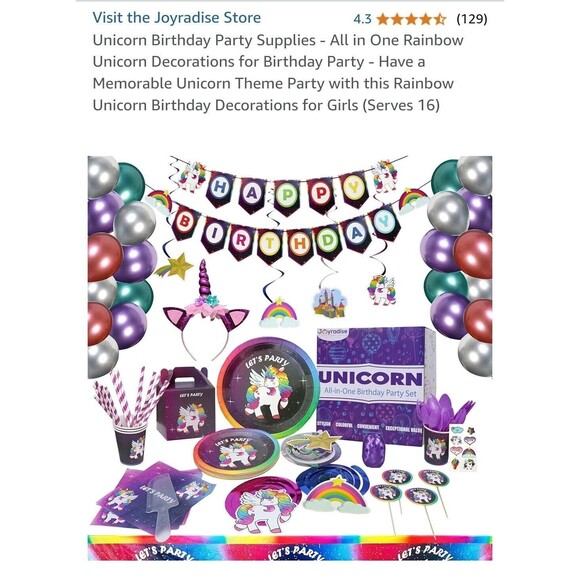 Serves 16- Unicorn Birthday Party Supplies - All in One Rainbow Unicorn - Picture 7 of 9